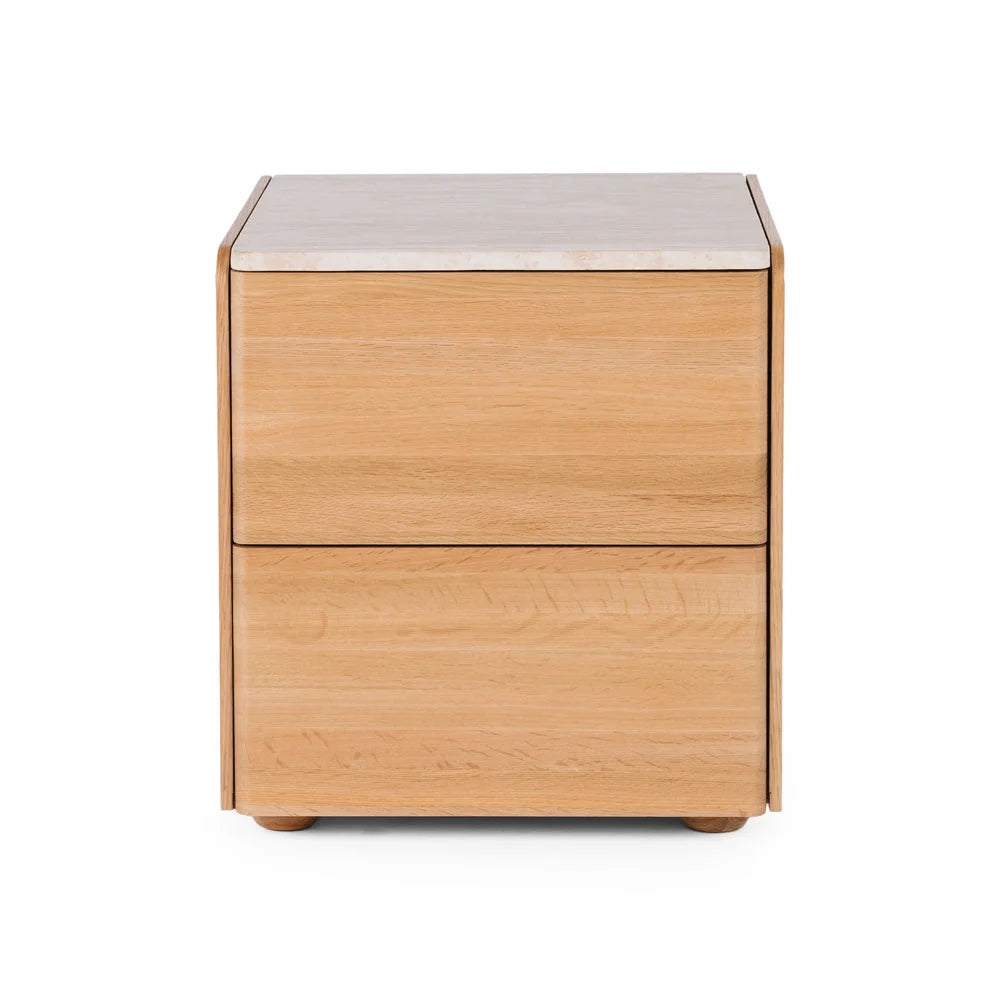 Cube Natural Oak Side Table 2drw (Travertine Top)