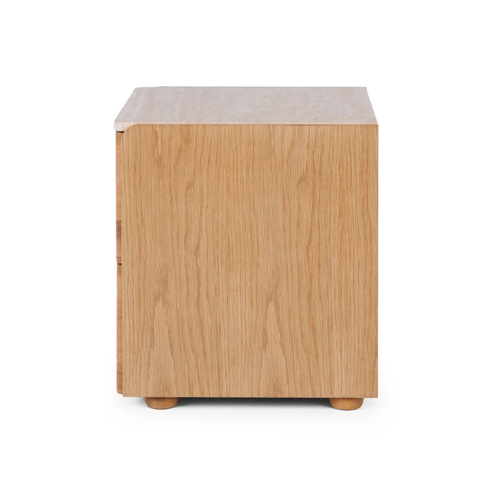 Cube Natural Oak Side Table 2drw (Travertine Top)
