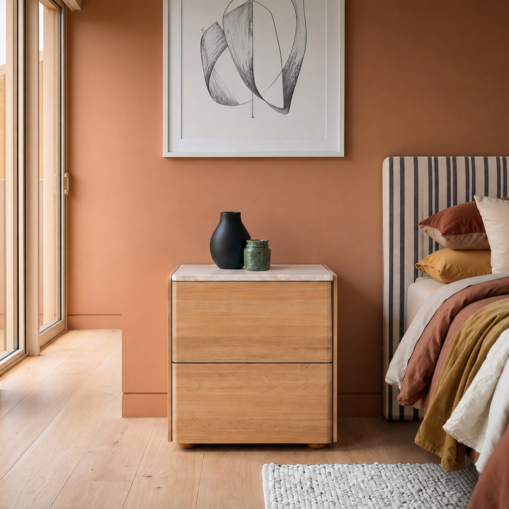 Cube Natural Oak Side Table 2drw (Travertine Top)
